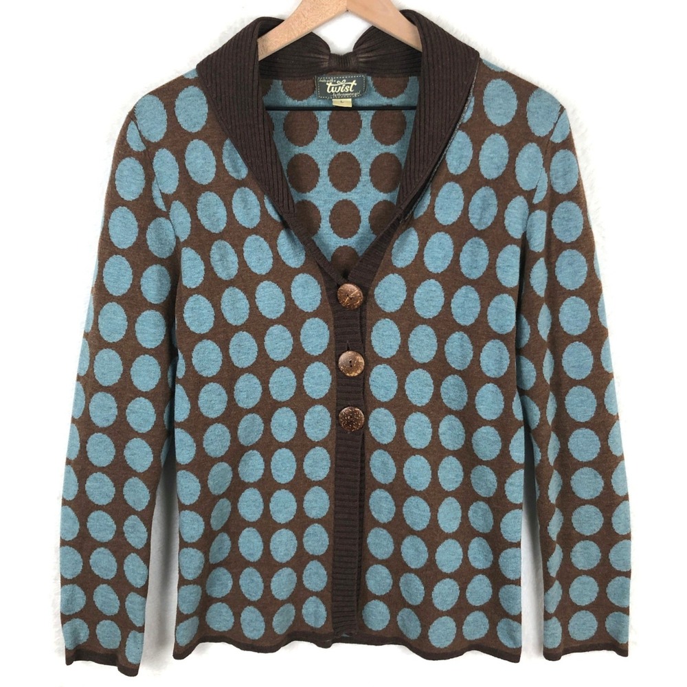 KNITS WITH A TWIST The Sweater Girl 100% Wool Polka Dot Cardigan Sz L Brown Blue